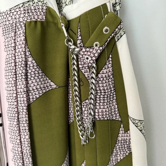 Diane von Furstenberg 2 Wrap Dress Silvertone Chain Close Mixed Print DVF